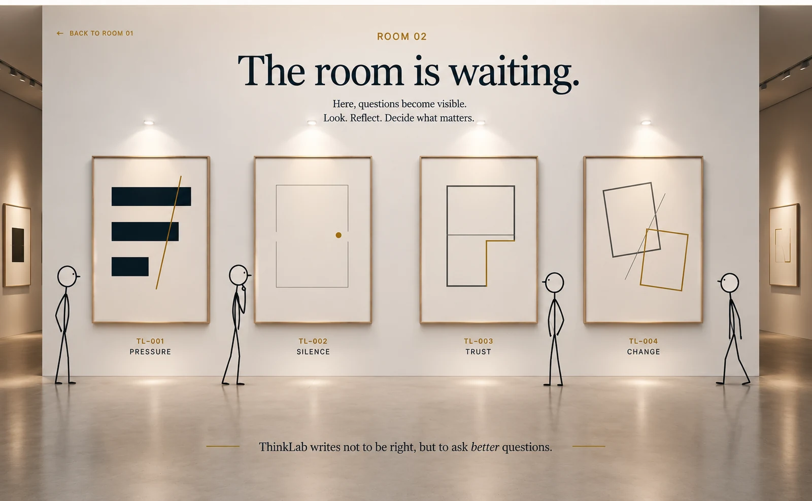 ThinkLab museum room with four works: Pressure, Silence, Trust and Change.